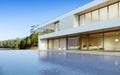 3D rendering of white modern house with swimming pool on lake background, Exterior with large window design