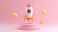 3D Render of a White and Pink Rocket on a Pink Pedestal Surrounded by Musical Notes Against Pink Background Royalty Free Stock Photo