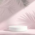 3d render of white podium on pink background with palm leaf shadow Royalty Free Stock Photo
