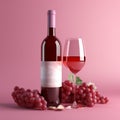 3d Render Wine Bottle And Grapes On Pink Background