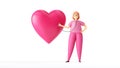 3d render, woman cardiologist listens to the heart, cartoon character doctor wears glasses, pink uniform and stethoscope, medical. Royalty Free Stock Photo