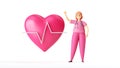 3d render, woman cardiologist wears glasses, pink uniform and stethoscope, pink heart cardiogram icon, cartoon character doctor Royalty Free Stock Photo