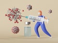 3d render. Woman doctor cartoon character destroying coronavirus covid-19 using vaccine in big syringe.