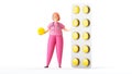 3d render. Woman doctor cartoon character wears pink uniform, stands near the big pack of yellow pills. Royalty Free Stock Photo