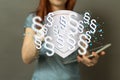 3D render of a woman holding legal symbols - online advice, labor law