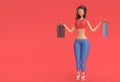 3D Render Woman Holding Shopping Bags Isolated on Red Background