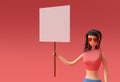 3D Render Woman Holding a White Panel Placard on a Red Background