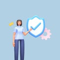 3D Render Of Woman Presenting Approve Security Shield With Cogwheel, Chat Box On Blue