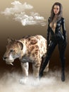 3D render of woman with sabertooth tiger.