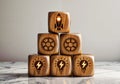 3d render of Wooden blocks arranged in a pyramid shape rocket, gears and a brain lightbulb symbol on marble background.