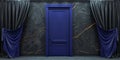 wooden blue door on a dark wall Marble withe black and blue curtains