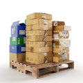 3D render of wooden crates and Samskip cardboard boxes isolated on a white background