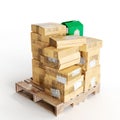 3D render of wooden crates and Samskip cardboard boxes isolated on a white background
