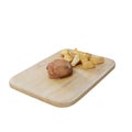 3D render of a wooden cutting board filled with an assortment of freshly prepared meat and fries