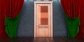 Wooden door on a dark wall withe red and green curtains