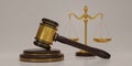 3D render wooden judge gavel with Gold brass balance scale on beige background. Judge hammer icon law gavel. Auction court