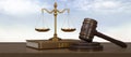 3D render wooden judge gavel and golden balance scale on the wood table on blue sky background. Judge hammer icon law gavel.