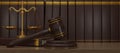 3D render wooden judge gavel and golden balance scale on wood table with books as background. Judge hammer icon law gavel.