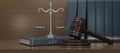 3D render wooden judge gavel and silver balance scale on wood table with books as background. Judge hammer icon law gavel.