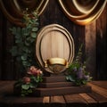 Wooden frame with spring flowers and tulips on old wooden background podium for product presentatio