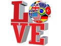 3D render Word LOVE international flags soccer ball