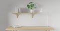 3d render Working desk and shelf with white background. blank book, desk lamp and green plant on shelf. minimal workspace. wall
