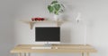 3d render Working desk and shelf with white background. desktop pc, car model, desk lamp and green plant on shelf. minimal