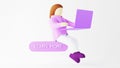 3D render of working woman and notebook. Shopping online and e-commerce on web business concept. Secure online payment transaction