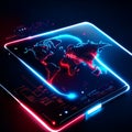 3d render of world map hologram with red and blue neon lights AI Generated Royalty Free Stock Photo