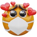 3D render of yellow emoji face fall in love with in medical mask protecting from coronavirus 2019-nCoV