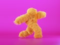 3d render, yellow furry beast cartoon character walking or dancing, isolated on pink background, active posing. Fluffy plush toy.