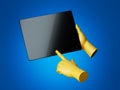 3d render yellow hands hold black digital device, pad with glossy touch screen. Electronic gadget blank mockup isolated on blue Royalty Free Stock Photo