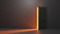 3d render, yellow light going through the open door isolated on Black background. Architectural design element. Modern minimal