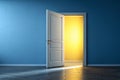 3D render of yellow light inside open door Royalty Free Stock Photo