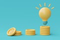 3d render yellow lightbulb floating with coin stacks.