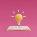 3d render yellow lightbulb floating from open book on pink background. minimal design