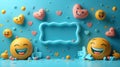3D render of yellow smiley faces with thumbs up and blue frame on blue background with hearts and confetti Royalty Free Stock Photo