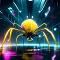 3d render of a yellow spider on a dark background with neon lights AI Generated