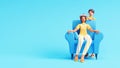 3D Render Young Boy Wear Crown To His Mom At Sofa On Blue Background