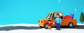 3D Render Of Young Man With His Daughter Enjoying Snow, Pickup Truck Full Of Luggage Bags On Turquoise Blue Background And Copy