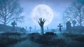 3d render Zombie hand crawls out of the ground at night against the background of the moon in the cemetery Royalty Free Stock Photo