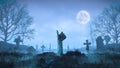 3d render Zombie hand crawls out of the ground at night against the background of the moon in the cemetery Royalty Free Stock Photo