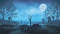 3d render Zombie hand crawls out of the ground at night against the background of the moon in the cemetery Royalty Free Stock Photo