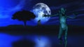 3D zombie with tree silhouetted against a moonlit sky