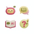 3D Rendered AI Chatbot and Learning Icons Set on White Background Royalty Free Stock Photo