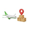 3D Rendered Airplane, Stack of Boxes, and Red Location Pin on White Background aircraft Royalty Free Stock Photo