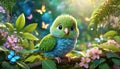 3D rendered baby parrot, cute big eyes, in a garden full of butterflies, lush greenery.