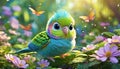 3D rendered baby parrot, cute big eyes, in a garden full of butterflies, lush greenery.