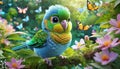 3D rendered baby parrot, cute big eyes, in a garden full of butterflies, lush greenery.