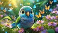 3D rendered baby parrot, cute big eyes, in a garden full of butterflies, lush greenery.